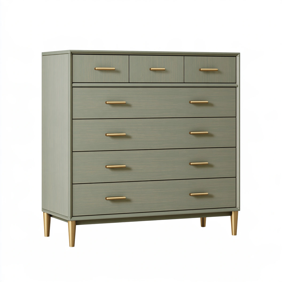 Cassettiera 120 x 45 x 150 cm in legno verde salvia con 7 cassetti stile moderno