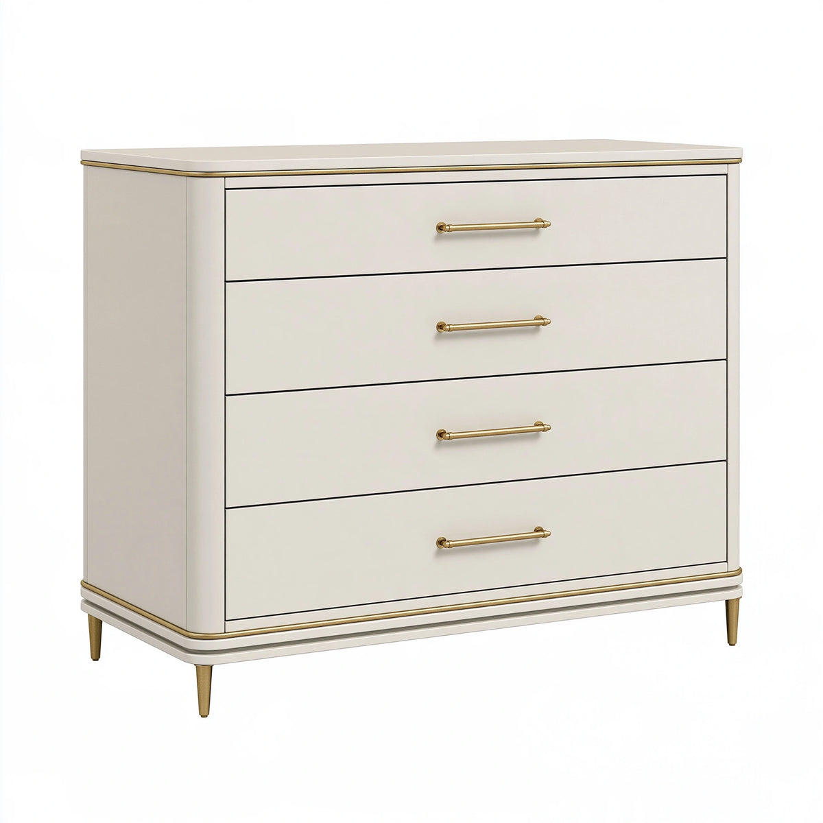 Cassettiera 100 x 45 x 105 cm in pannelli di legno bianco e metallo dorato - stile classico per camera da letto