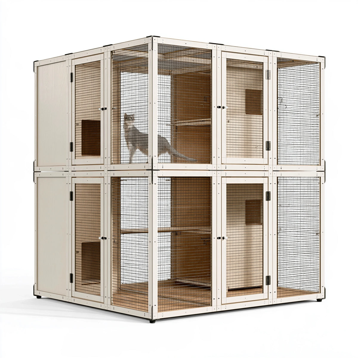 Gabbia modulare per gatti 180 x 90 x 180 cm in legno bianco e rete metallica a due livelli