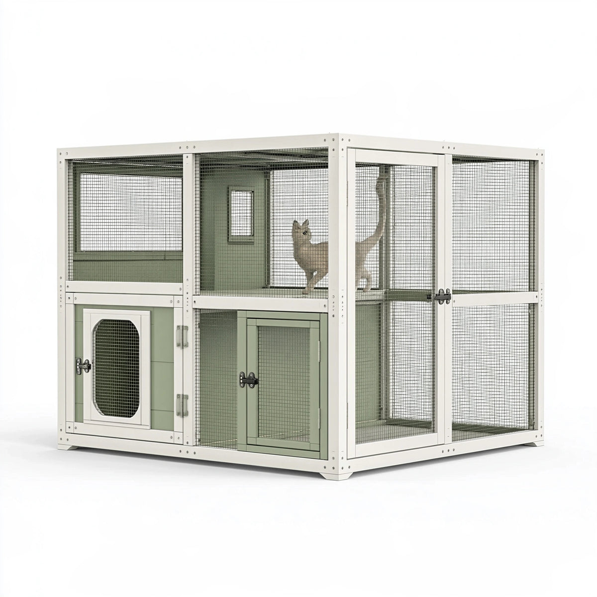 Gabbia per gatti 180 x 90 x 180 cm in legno e rete metallica bianco verde salvia per esterno