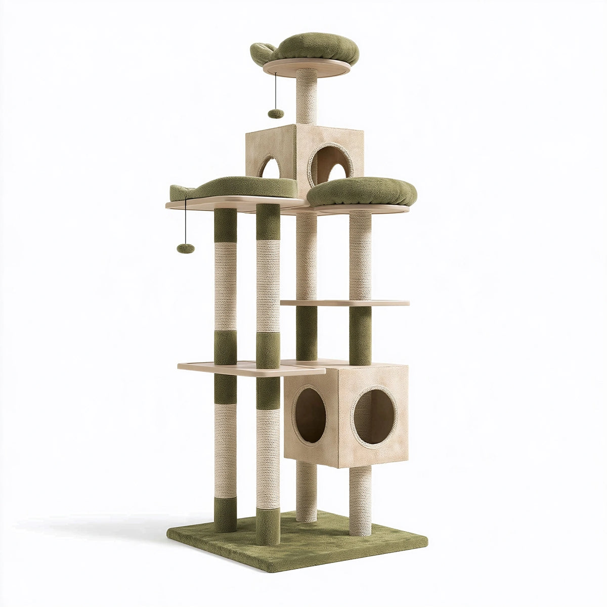 Albero tiragraffi per gatti 60 x 60 x 170 cm in tessuto e sisal verde beige con cucce e piattaforme