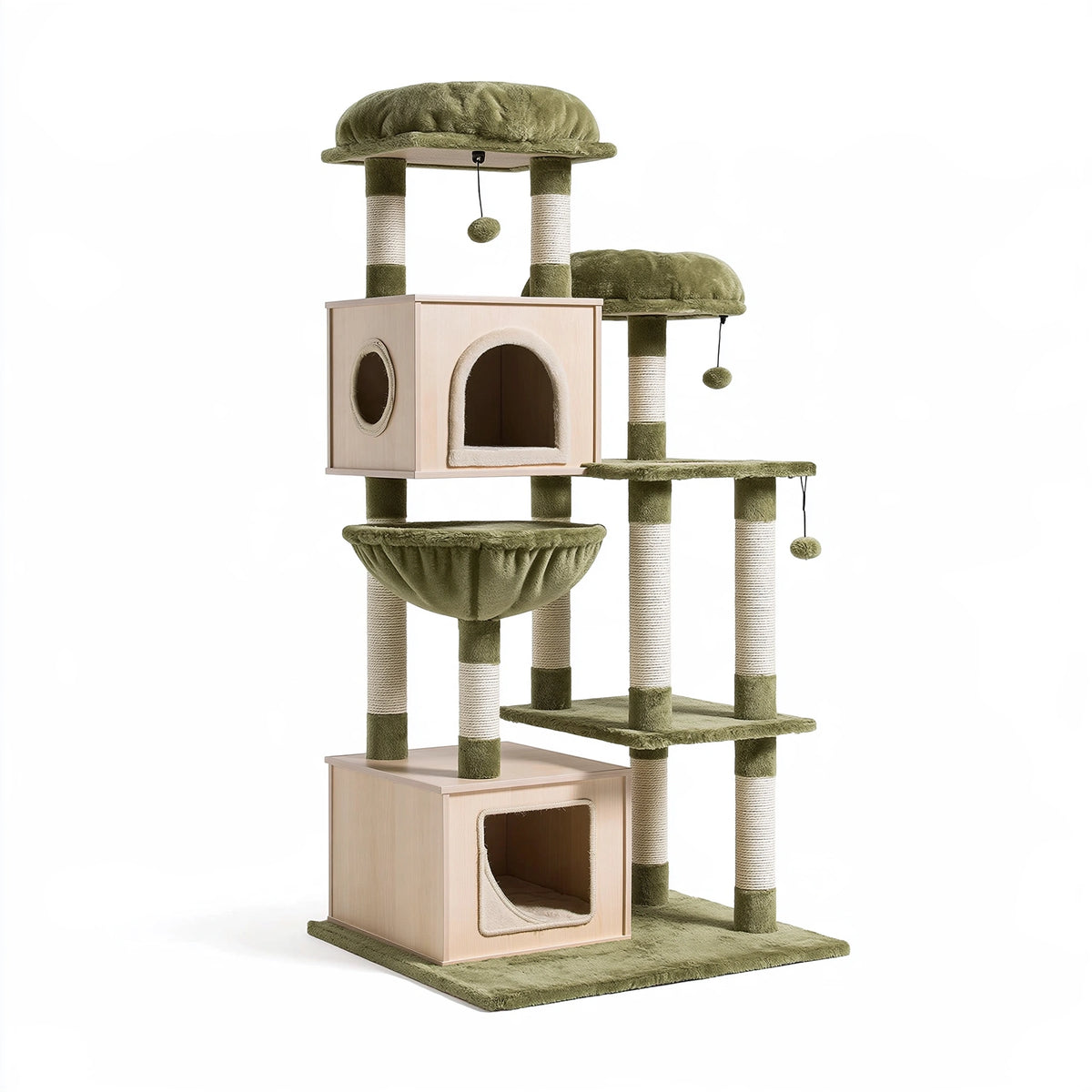 Albero tiragraffi per gatti 100x60x180 cm in legno e peluche verde con nicchie e colonne in sisal