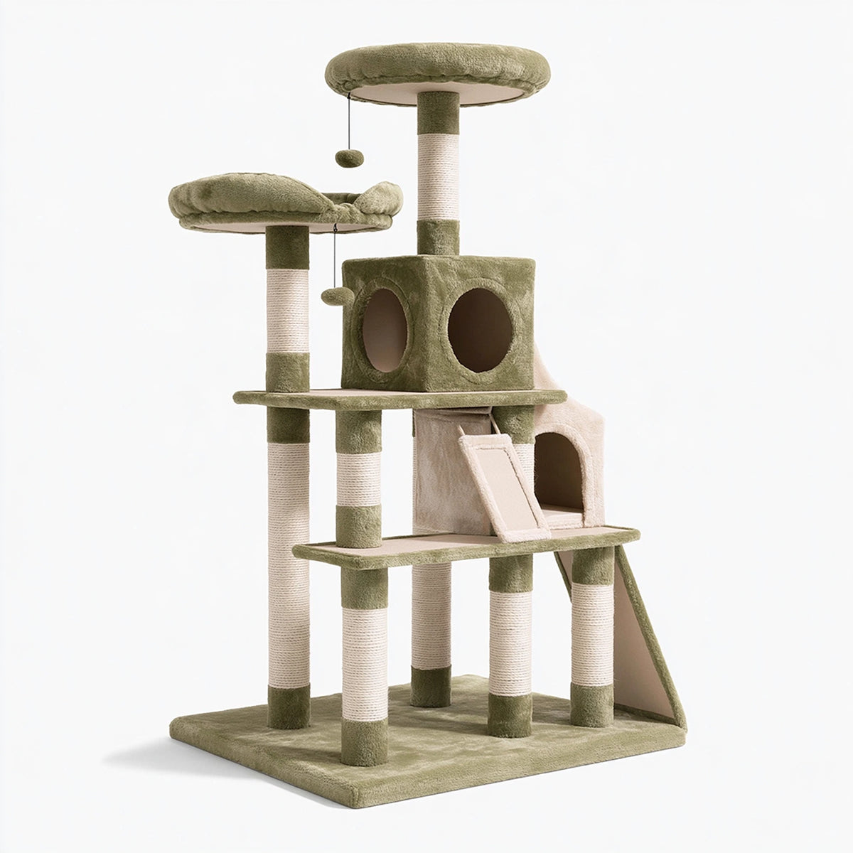 Albero tiragraffi per gatti 60 x 50 x 170 cm in sisal e tessuto peluche verde/beige con cucce e piattaforme