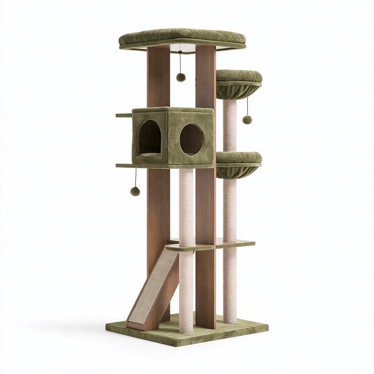 Tiragraffi per gatti 70 x 60 x 180 cm in legno verde con colonne in sisal e cuccia