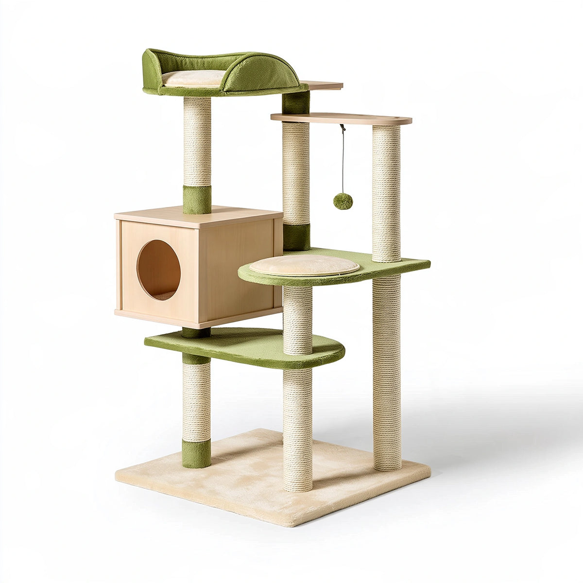 Tiragraffi per gatti 60 x 50 x 150 cm in sisal e tessuto verde beige con cuccia e piattaforme