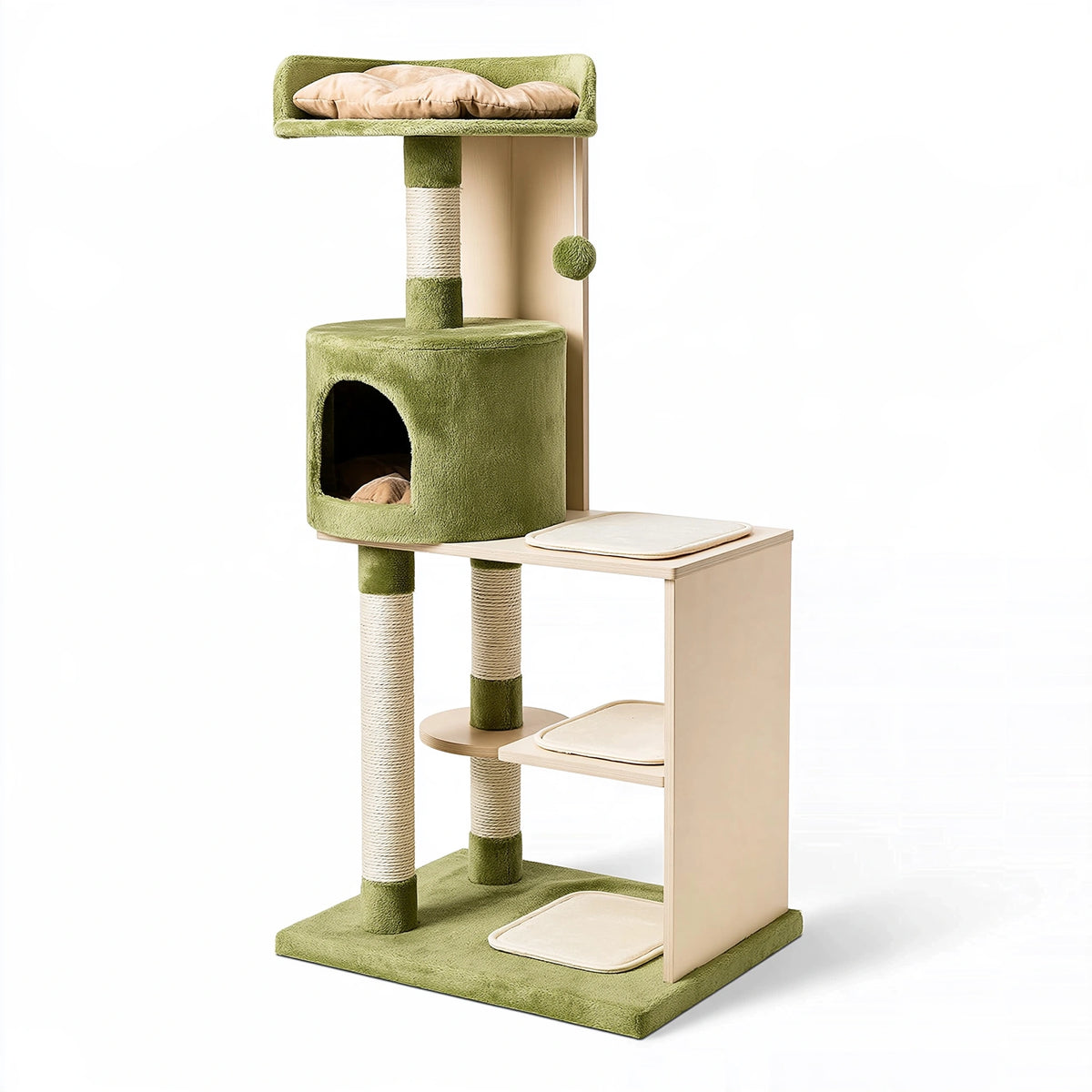 Tiragraffi per gatti 60 x 50 x 180 cm in legno e sisal verde con cuccia e piattaforme