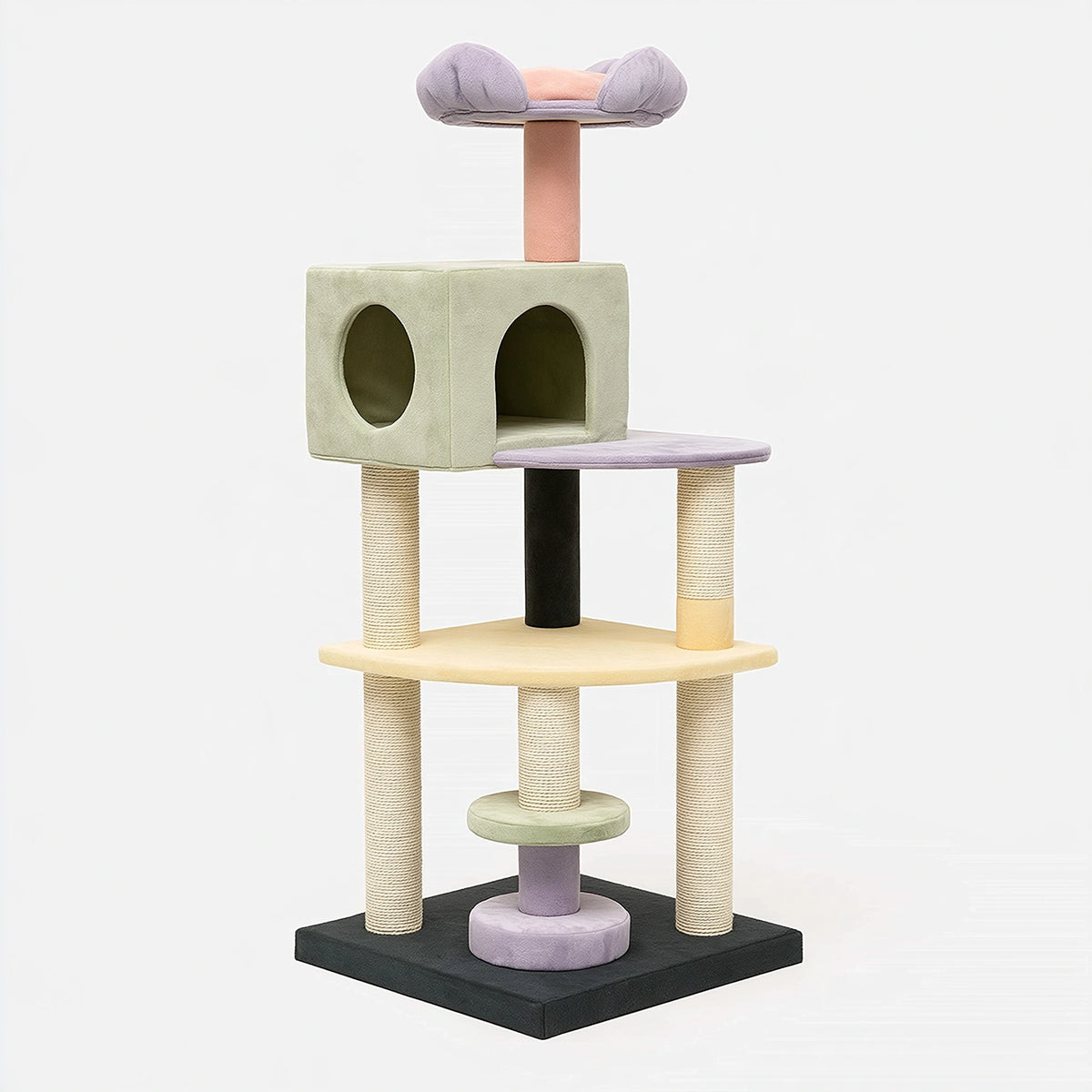 Albero tiragraffi per gatti 60 x 50 x 170 cm in sisal e tessuto verde lilla con cuccia e piattaforme