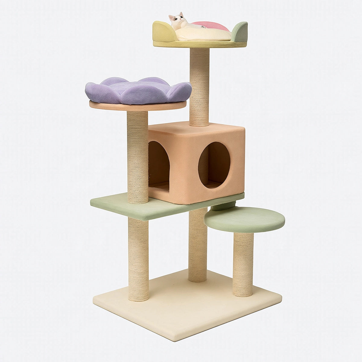 Tiragraffi per gatti 60 x 50 x 170 cm in sisal e tessuto multicolore con cuccia e piattaforme