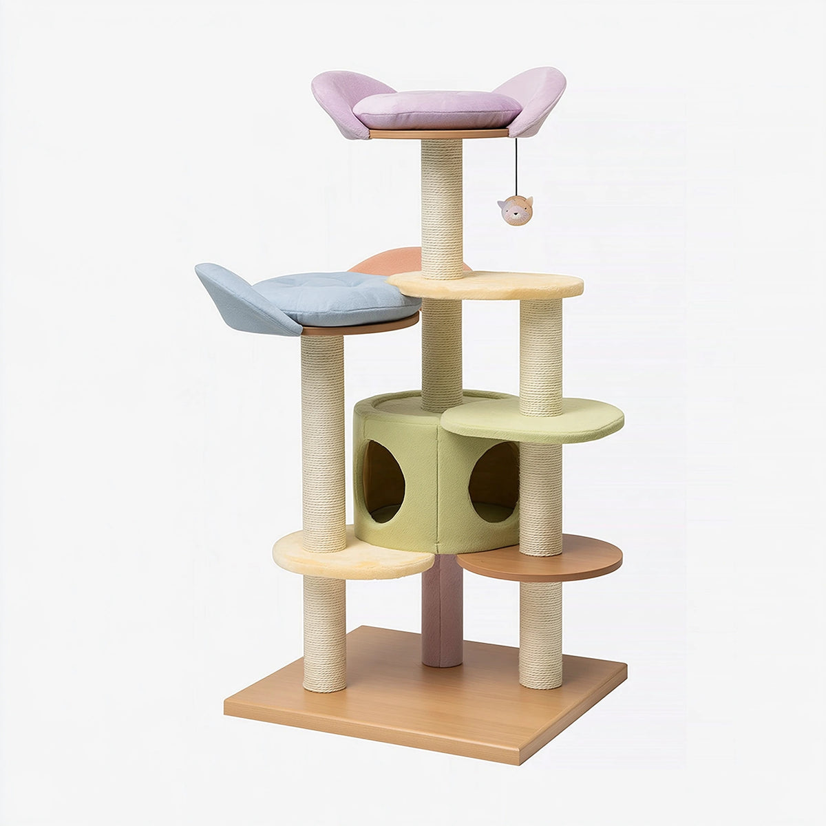 Albero tiragraffi per gatti 60 x 60 x 170 cm in sisal e peluche beige verde rosa azzurro con cuccia e piattaforme