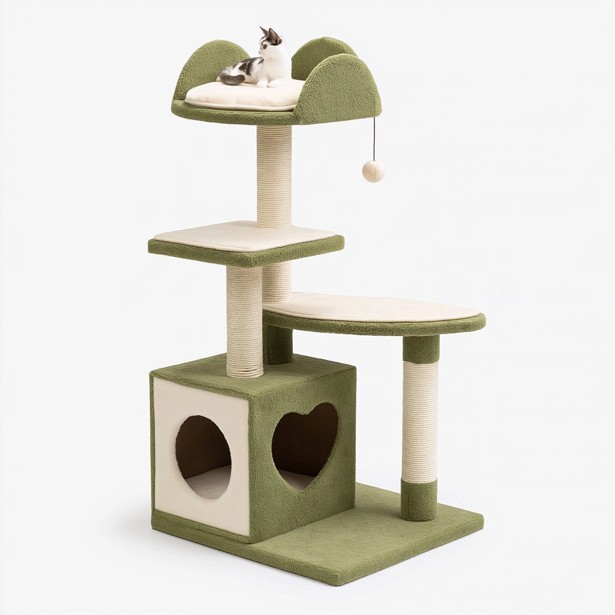 Albero tiragraffi per gatti 60 x 50 x 150 cm in tessuto verde e beige con cuccia e colonne in corda