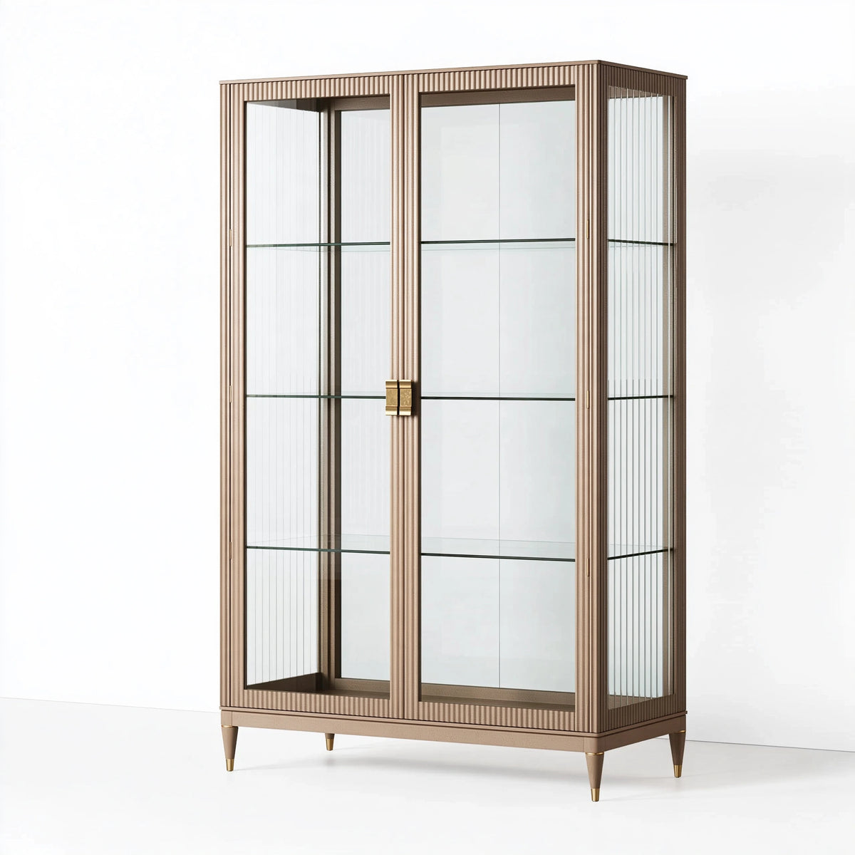 Vetrina 100 x 45 x 190 cm in vetro trasparente e pannelli effetto legno tortora - stile moderno con ante